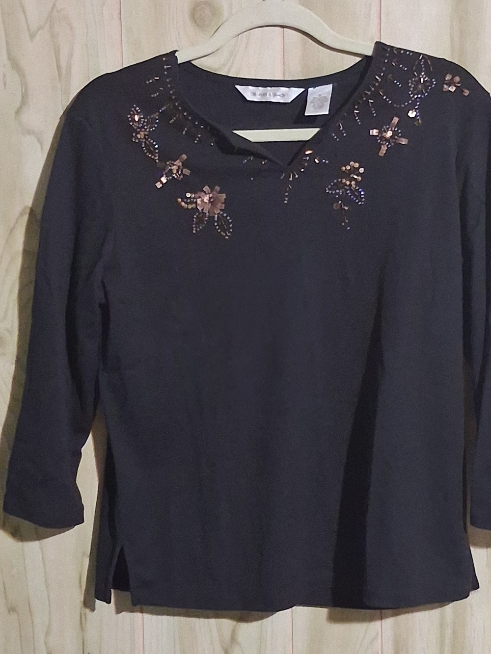 Embellished Black V-Neck Long Sleeve Top